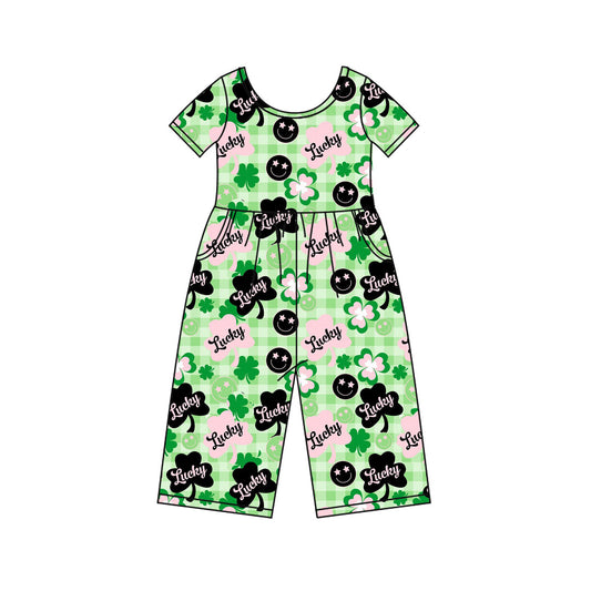 preorder SR3237 St Patrick lucky clover pink green short sleeve girls jumpsuits