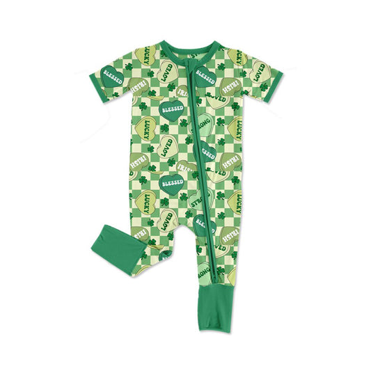 preorder SR3238 St Patrick strong heart clover green checkered zipper short sleeve boys romper
