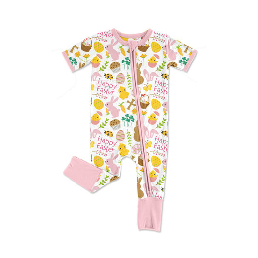 preorder SR3239 Happy Easter bunny rabbit egg flowers pink zipper short sleeve girls romper