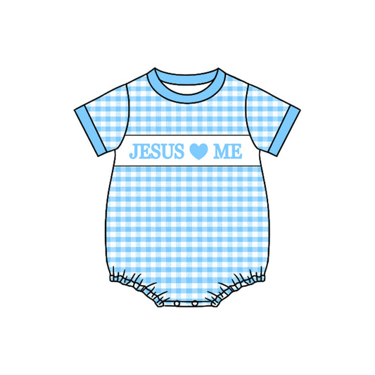 preorder SR3248 Easter Jesus love me blue checkered short sleeve boys romper