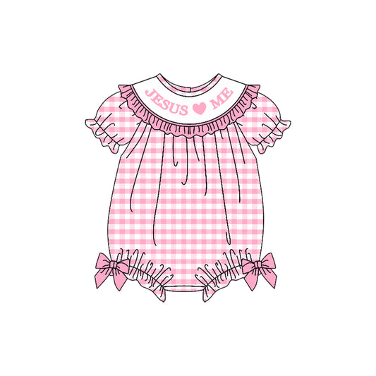 preorder SR3249 Easter Jesus love me pink checkered short sleeve girls romper