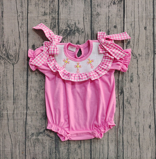preorder samples SR3250 Easter cross bows hot pink short sleeve girls romper