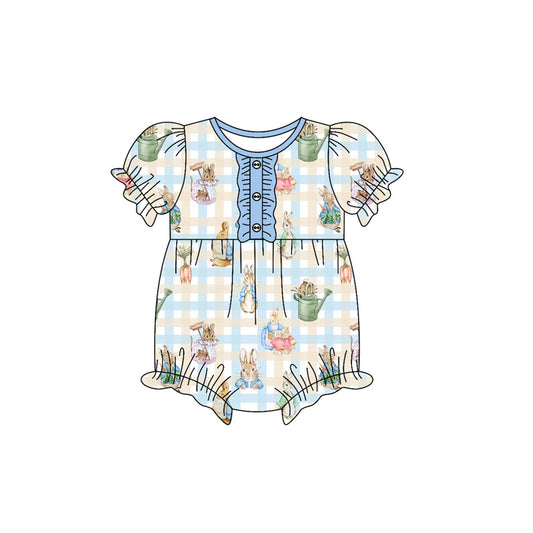 preorder SR3251 Easter bunny rabbit flowers blue checkered short sleeve girls romper