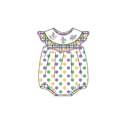 preorder SR3252 Mardi Gras purple yellow green dot flutter sleeve girls romper