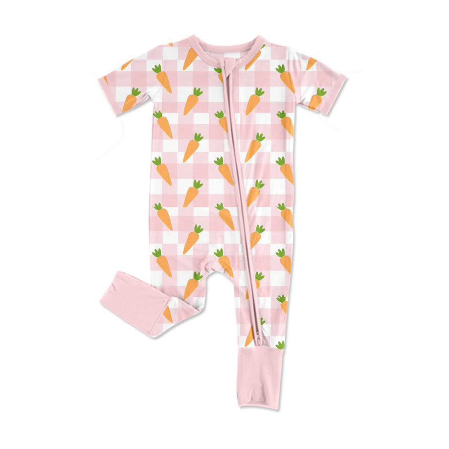 preorder SR3255 Easter carrot pink checkered zipper short sleeve girls romper