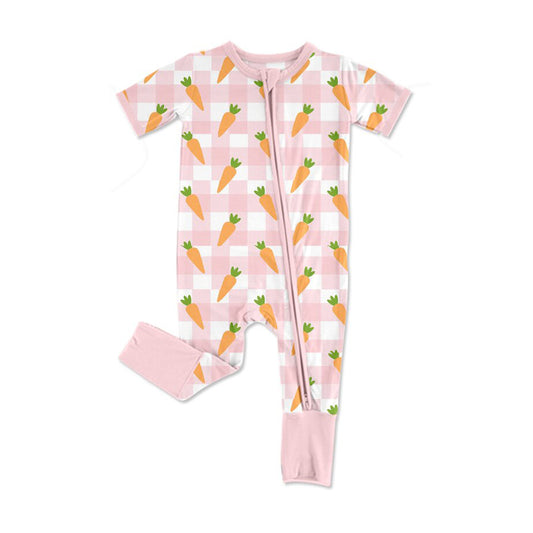 preorder SR3255 Easter carrot pink checkered zipper short sleeve girls romper