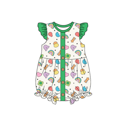 preorder SR3275 St Patrick rainbows heart green flutter sleeve girls romper