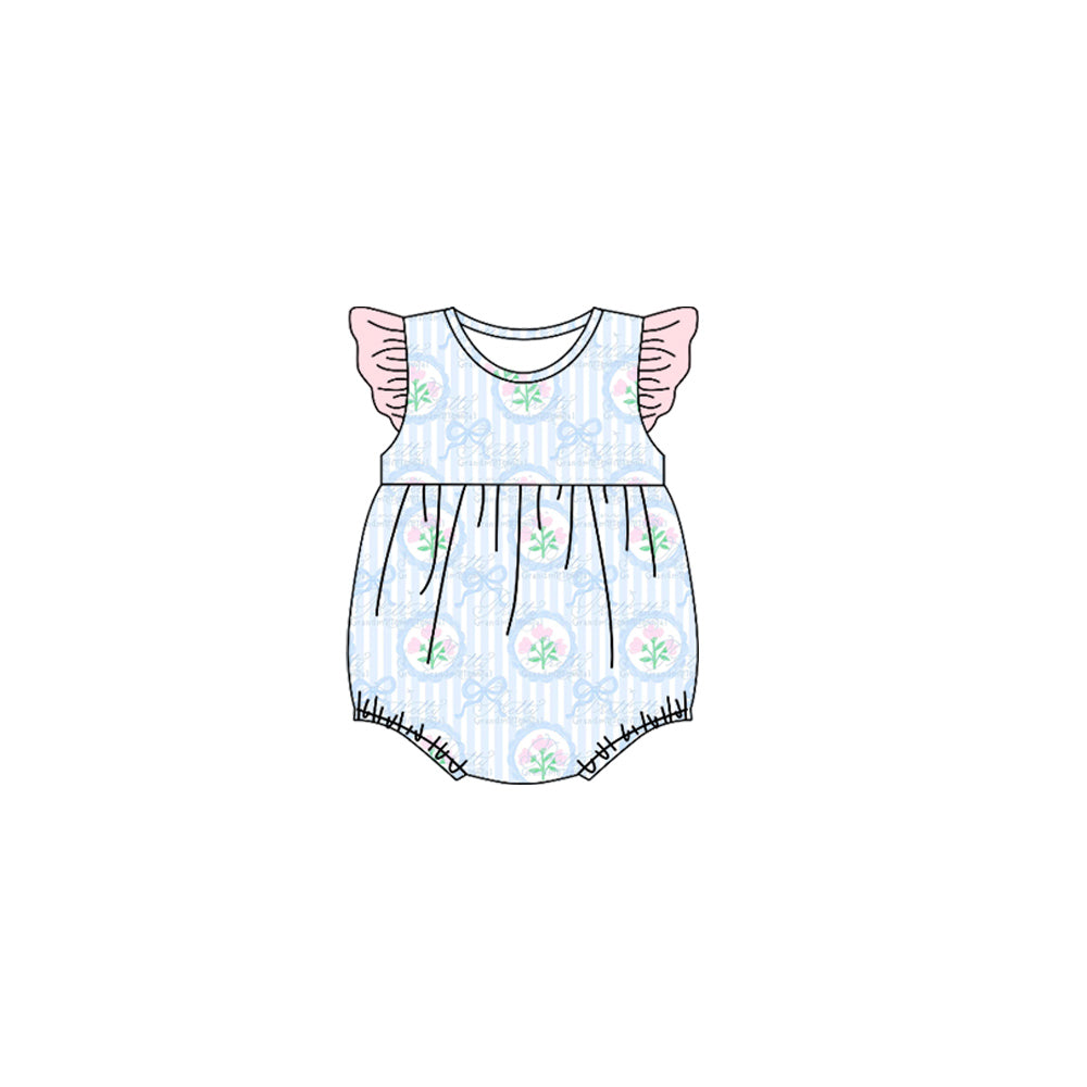 preorder SR3294 pink flowers blue bows flutter sleeve girls romper