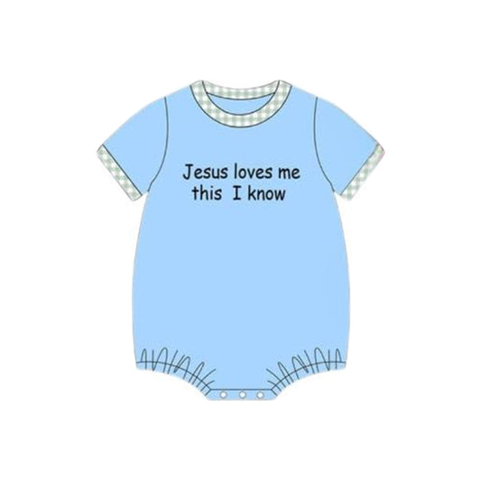 preorder SR3342 Jesus loves me this i know blue short sleeve boys romper