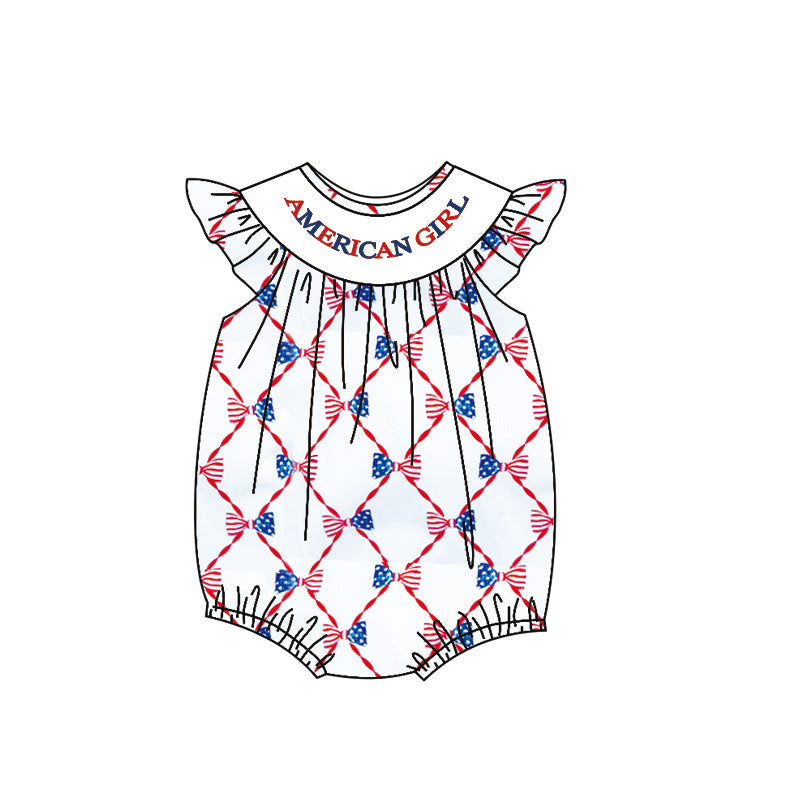 preorder SR3389 July 4th American girl bows flutter sleeve girls romper