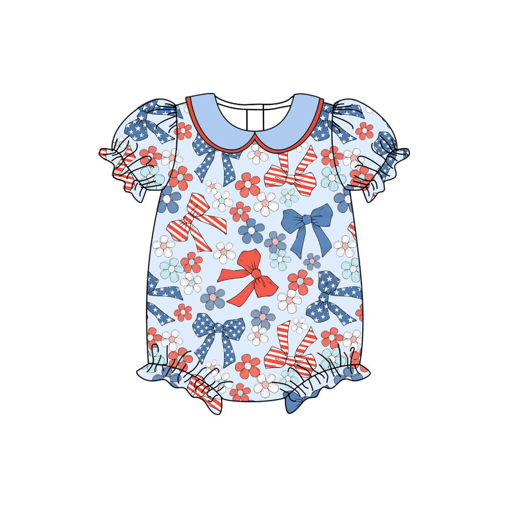 preorder SR3391 July 4th red blue bows flowers short sleeve girls romper