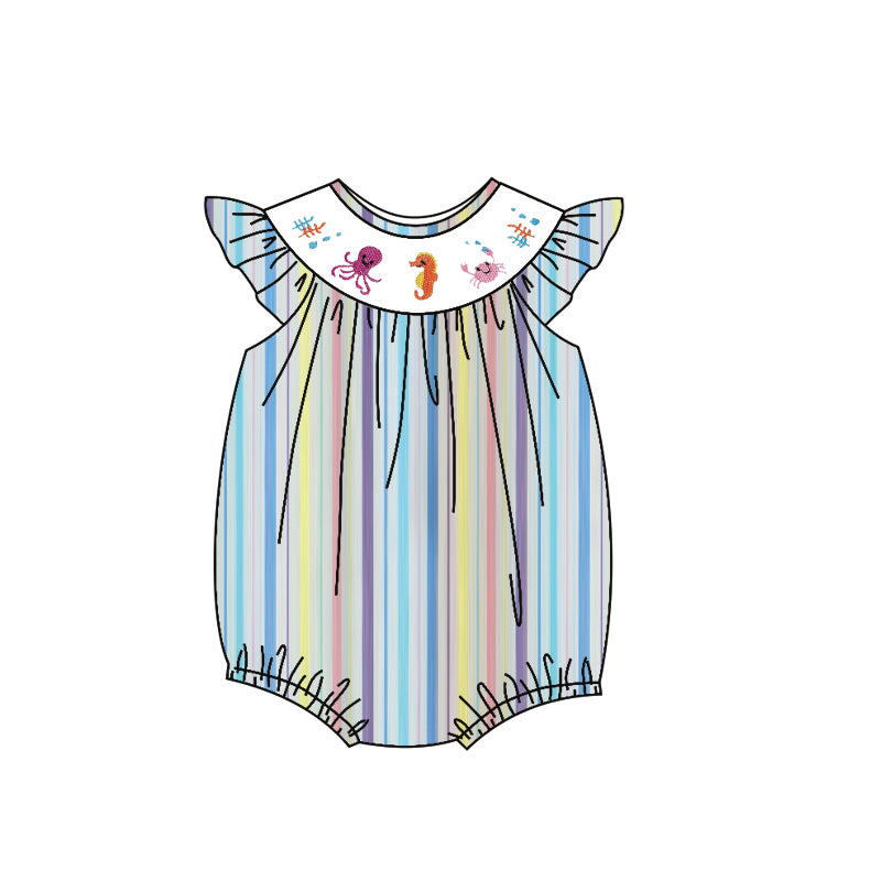 preorder SR3394 seahouse octopus rainbow striped flutter sleeve girls romper