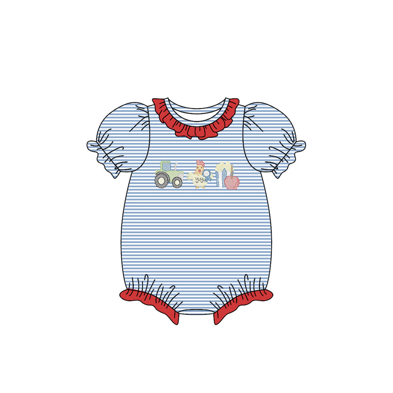 preorder SR3400 farm tractor egg chick blue short sleeve girls romper