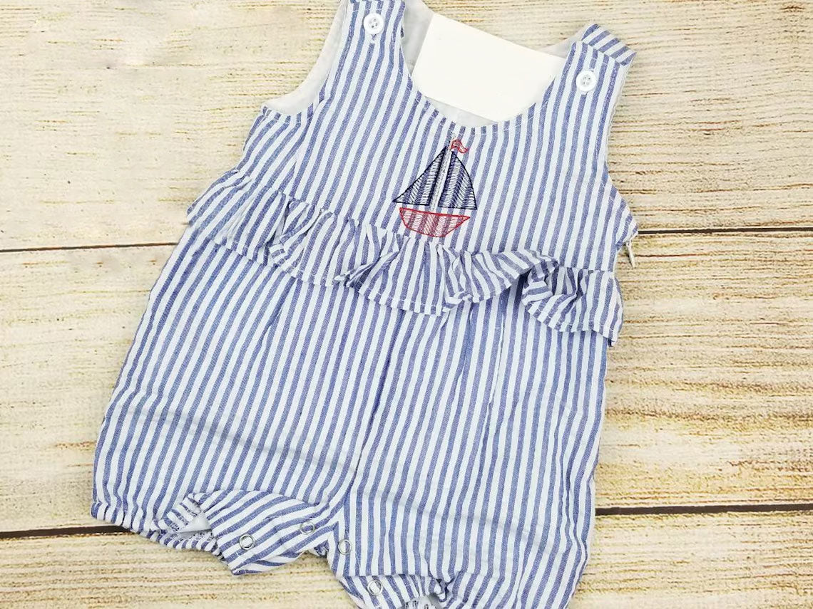 preorder SR3431 sailboat blue striped sleeveless girls romper