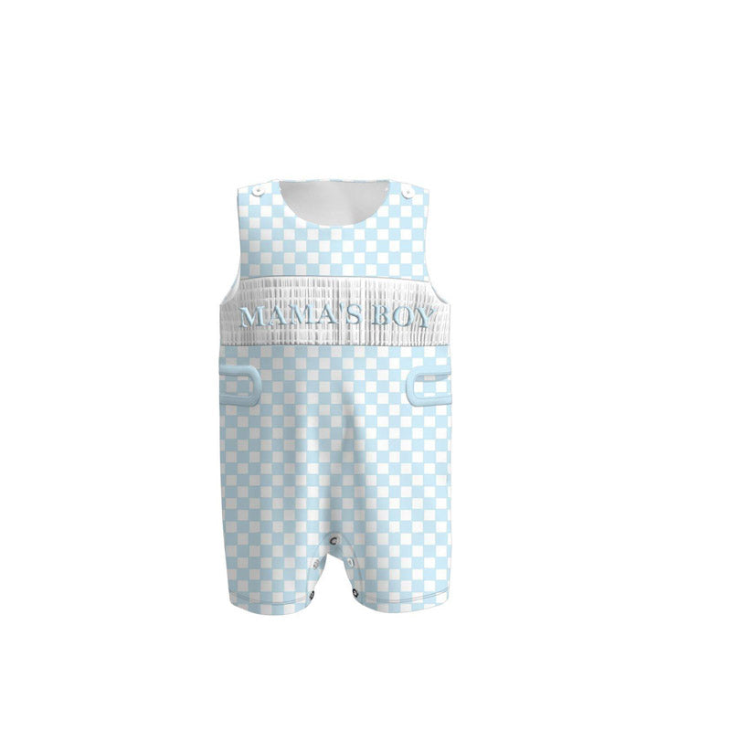 preorder SR3483 Mama's Boy Blue Checkered Sleeveless Boys Romper