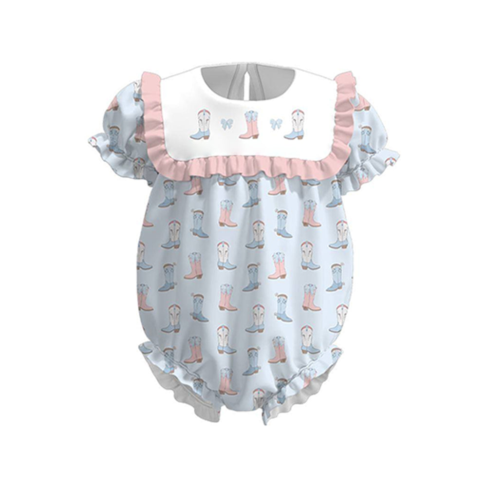 preorder SR3485 Blue Bows Boots Pink Short Sleeve Girls Romper