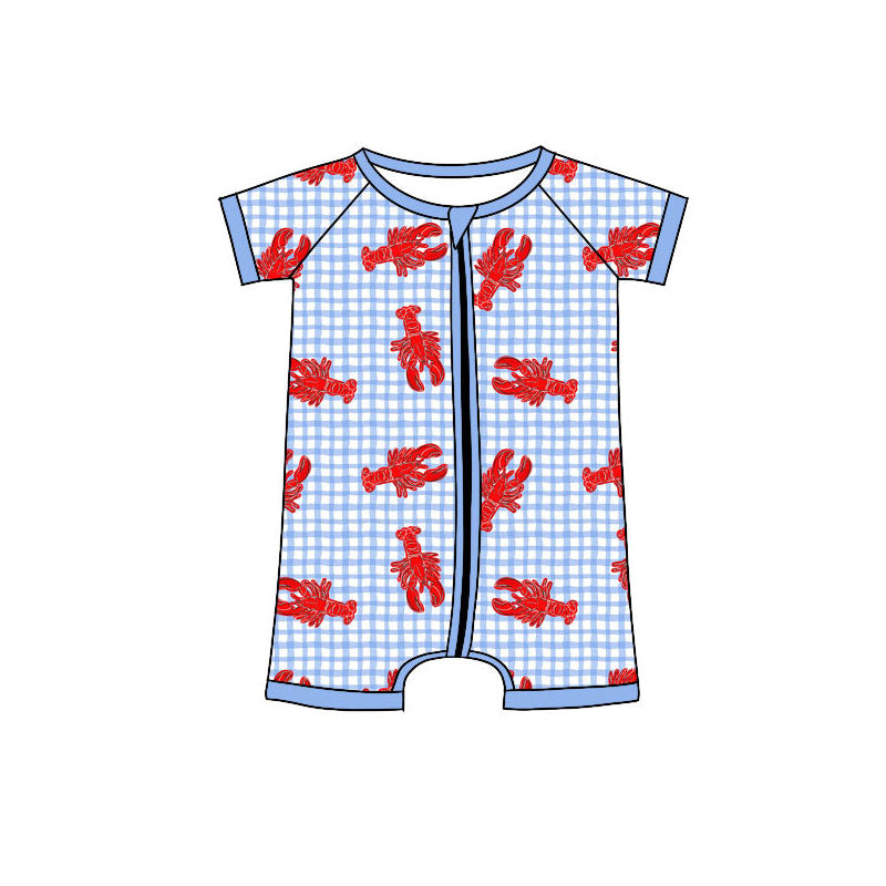preorder SR3495 Red Crayfish Blue Checkered Zipper Short Sleeve Boys Romper