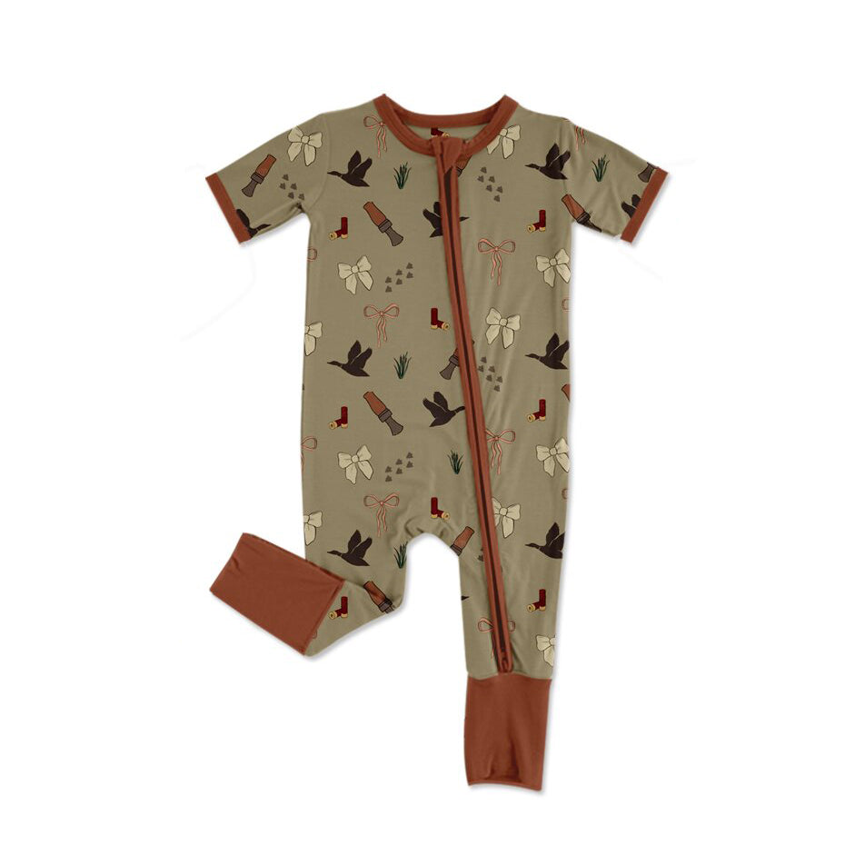 preorder SR3509 Hunting Duck Call Bows Brown Zipper Short Sleeve Boys Romper