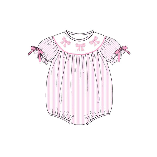 preorder SR3521 Valentine's Day Pink Bows Striped Short Sleeve Girls Romper