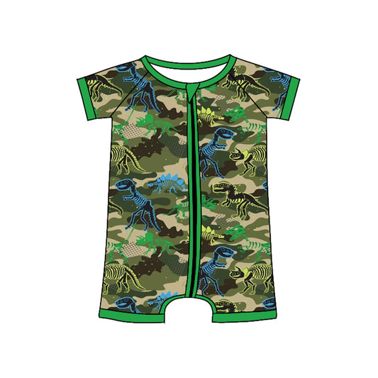 preorder SR3535 Dinosaur Camo Green Zipper Short Sleeve Boys Romper