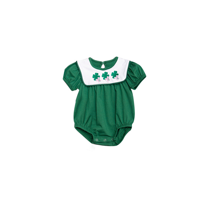 preorder SR3538 St Patrick Bows Clover Green Short Sleeve Girls Romper
