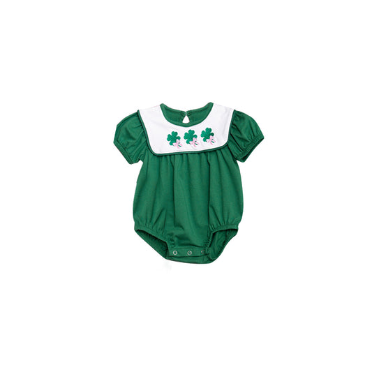 preorder SR3538 St Patrick Bows Clover Green Short Sleeve Girls Romper