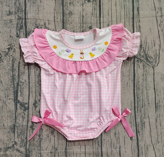 preorder SR3565 Easter Bunny Rabbit Chick Pink Checkered Short Sleeve Girls Romper
