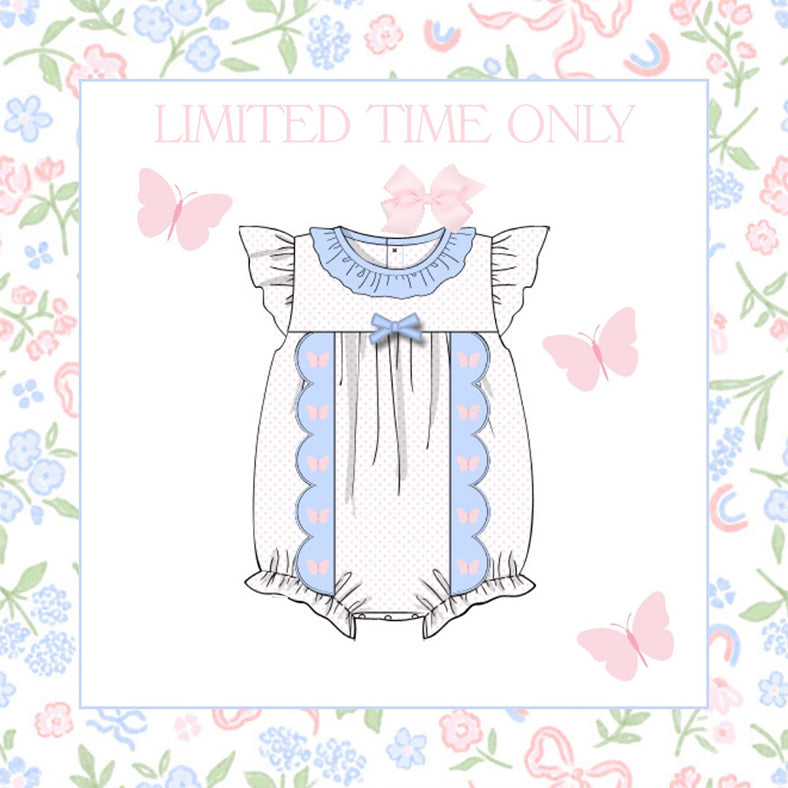 preorder SR3568 Little Butterfly Blue Flutter Sleeve Girls Romper