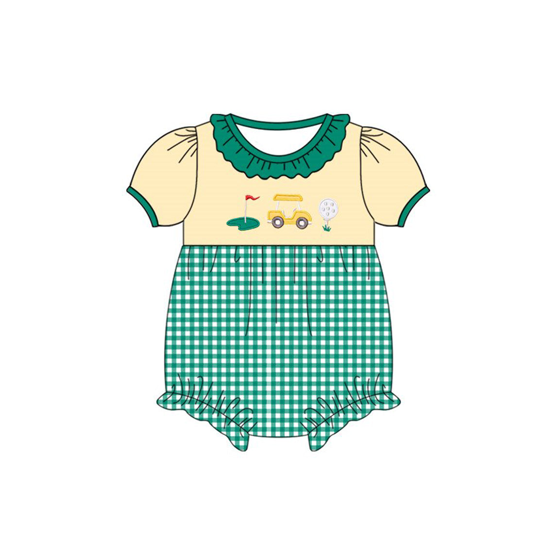 preorder SR3575 Golf Yellow Green Checkered Short Sleeve Girls Romper
