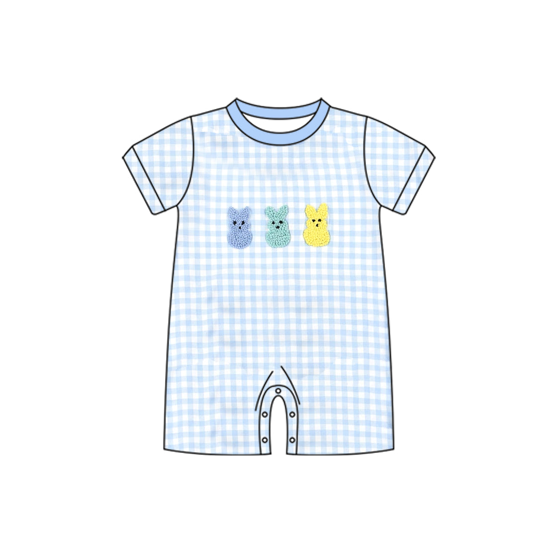 preorder SR3621 Easter Bunny Rabbit Blue Checkered Short Sleeve Boys Romper
