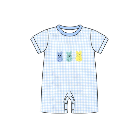 preorder SR3621 Easter Bunny Rabbit Blue Checkered Short Sleeve Boys Romper