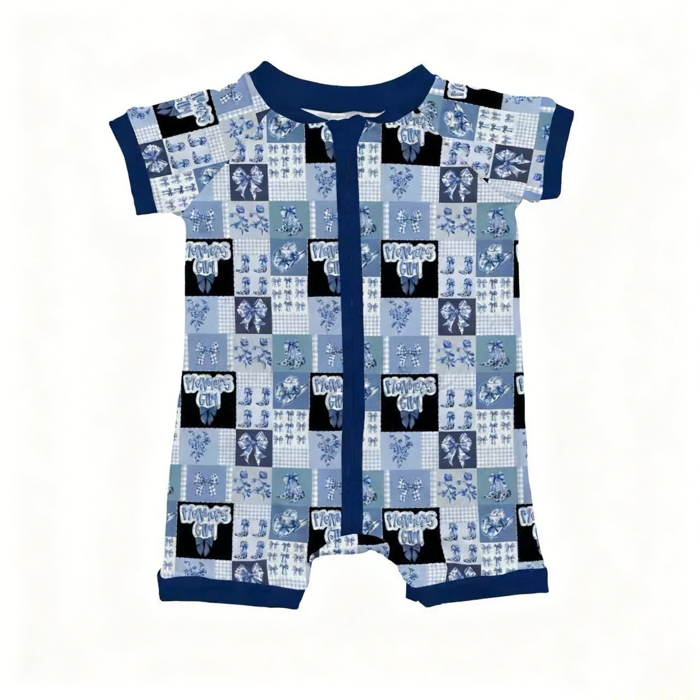 preorder SR3643 Mama's Girl Bows boots Blue Zipper Short Sleeve Girls Romper
