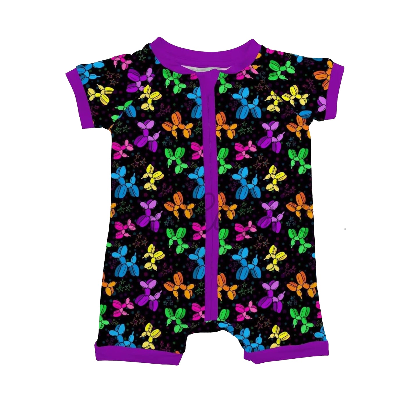preorder SR3644 Dog Balloom Purple Zipper Short Sleeve Girls Romper