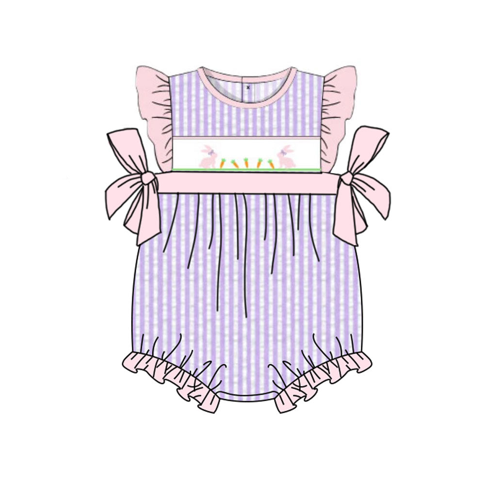 preorder SR3646 Easter Bunny Rabbit Carrot Purple Striped Girls Romper