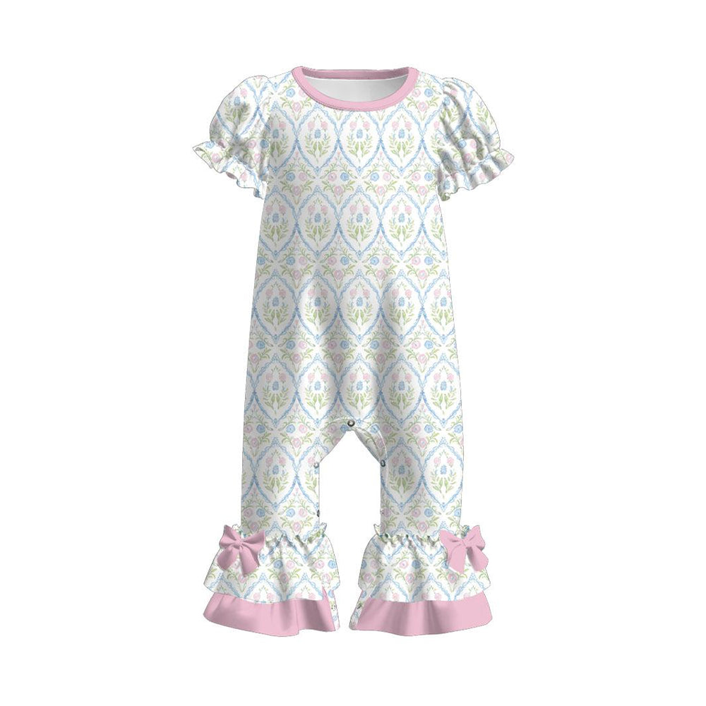 preorder SR3685 Pink Blue Flowers Short Sleeve Girls Jumpsuits