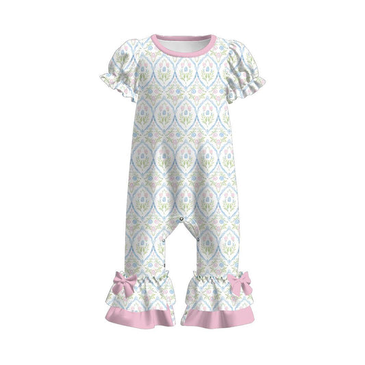 preorder SR3685 Pink Blue Flowers Short Sleeve Girls Jumpsuits