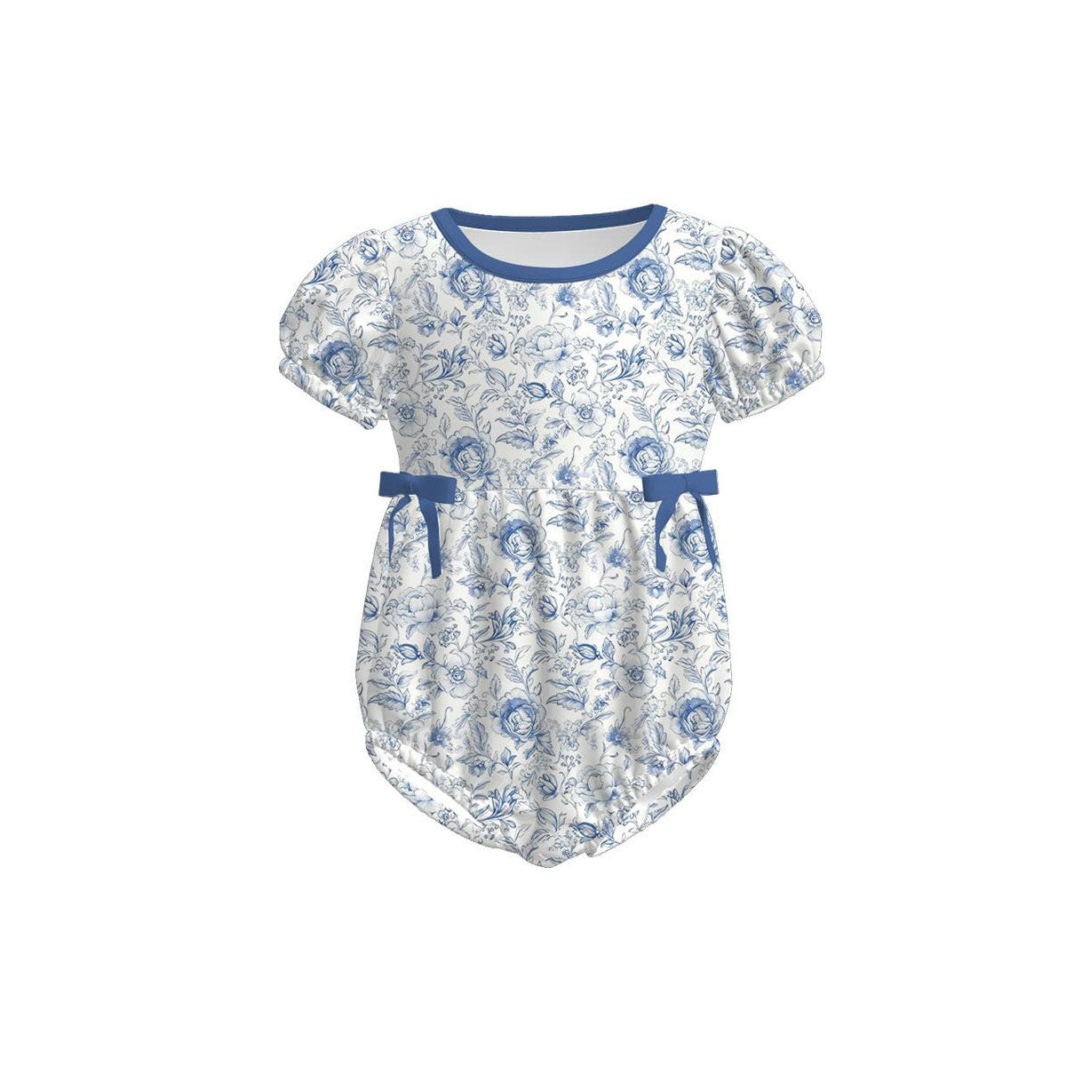 preorder SR3691 Colorful Flowers Floral Blue Short Sleeve Girls Romper