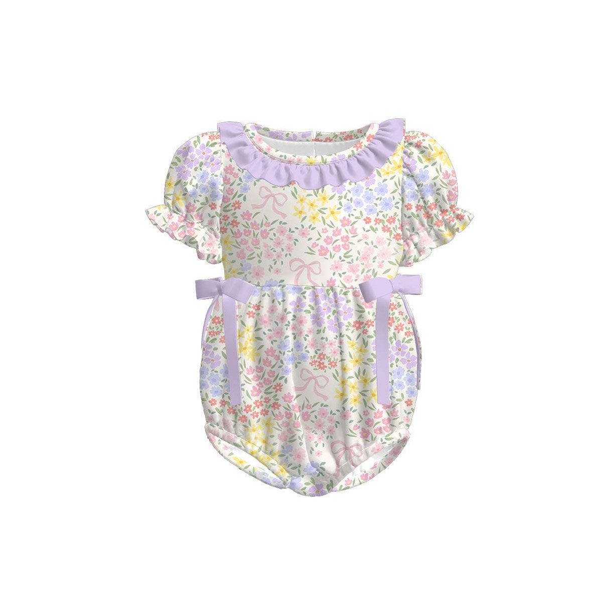 preorder SR3692 Colorful Flowers Floral Bows Pur[le Short Sleeve Girls Romper