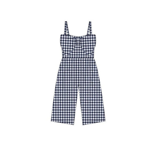 preorder SR3698 Navy Blue Checkered Bow Girls Jumpsuits
