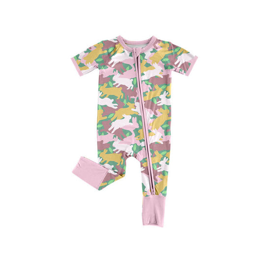 preorder SR3715 Easter Bunny Rabbit Camo Pink Zipper Short Sleeve Girls Romper