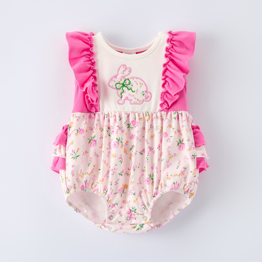 preorder SR3726 Easter Flowers Floral Bunny Rabbit Hot Pink Girls Romper