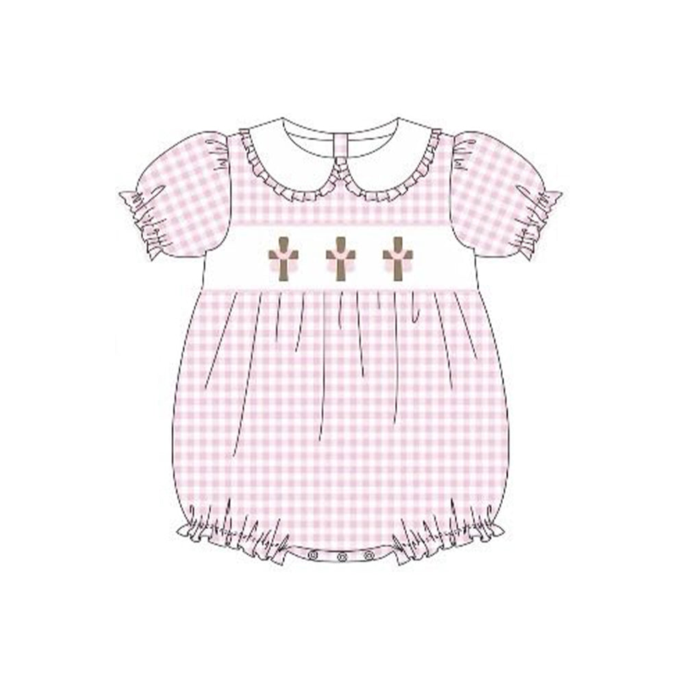 preorder SR3756 Easter Cross Pink Checkered Short Sleeve Girls Romper