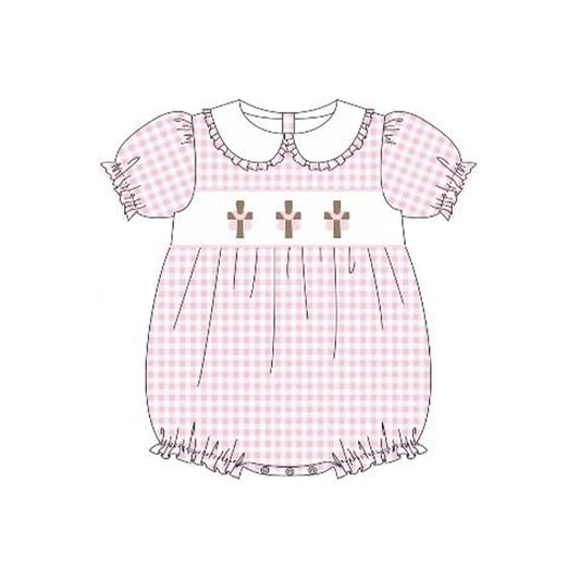 preorder SR3756 Easter Cross Pink Checkered Short Sleeve Girls Romper