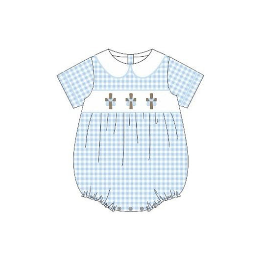 preorder SR3757 Easter Cross Blue Checkered Short Sleeve Boys Romper
