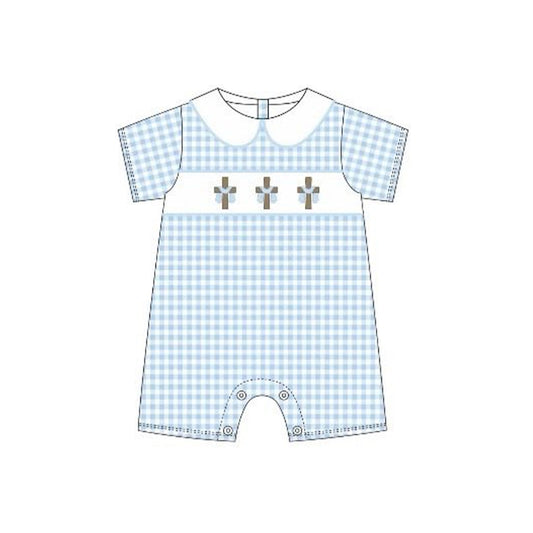 preorder SR3758 Easter Cross Blue Checkered Short Sleeve Boys Romper