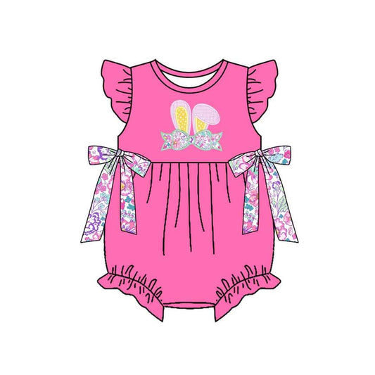preorder SR3764 Easter Bow Rabbit Hot Pink Flutter Sleeve Girls Romper