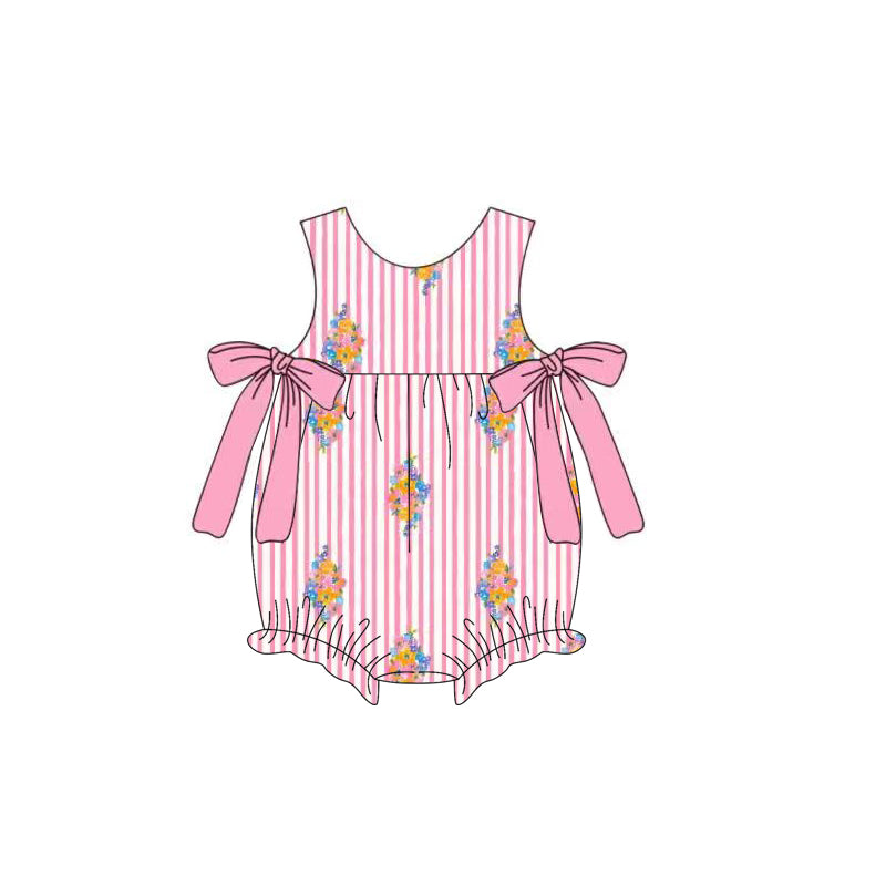 preorder SR3771 Flowers Pink Striped Bows Sleeveless Girls Romper