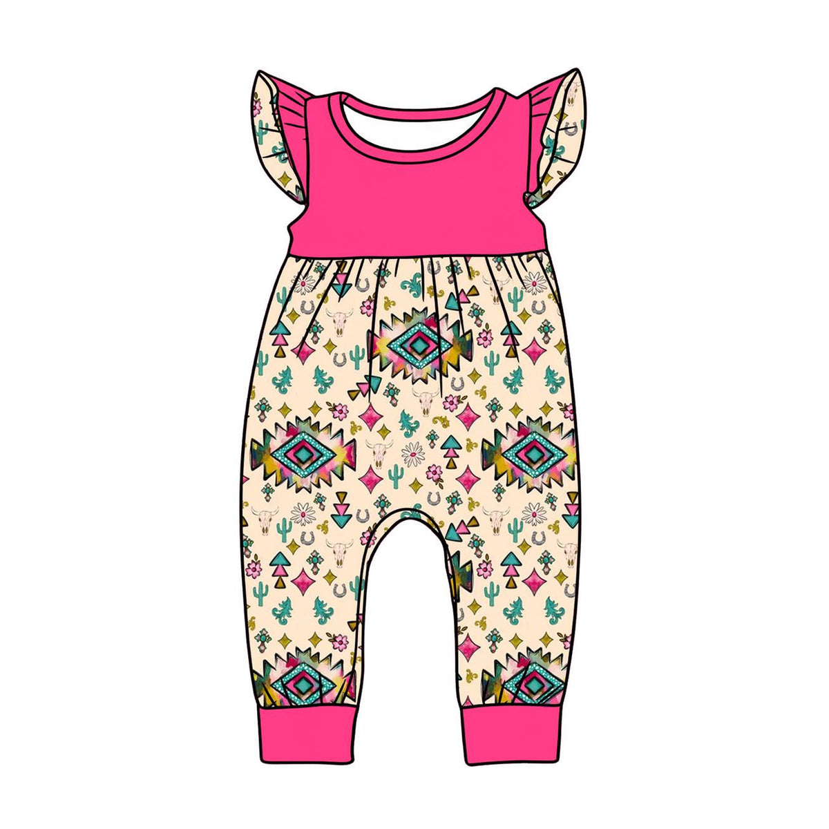preorder SR3782 Western Aztec Hot Pink Flutter Sleeve Girls Romper