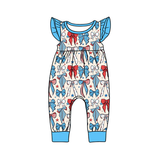 preorder SR3804 July 4th Blue Red Bows Flutter Slevee Girls Romper
