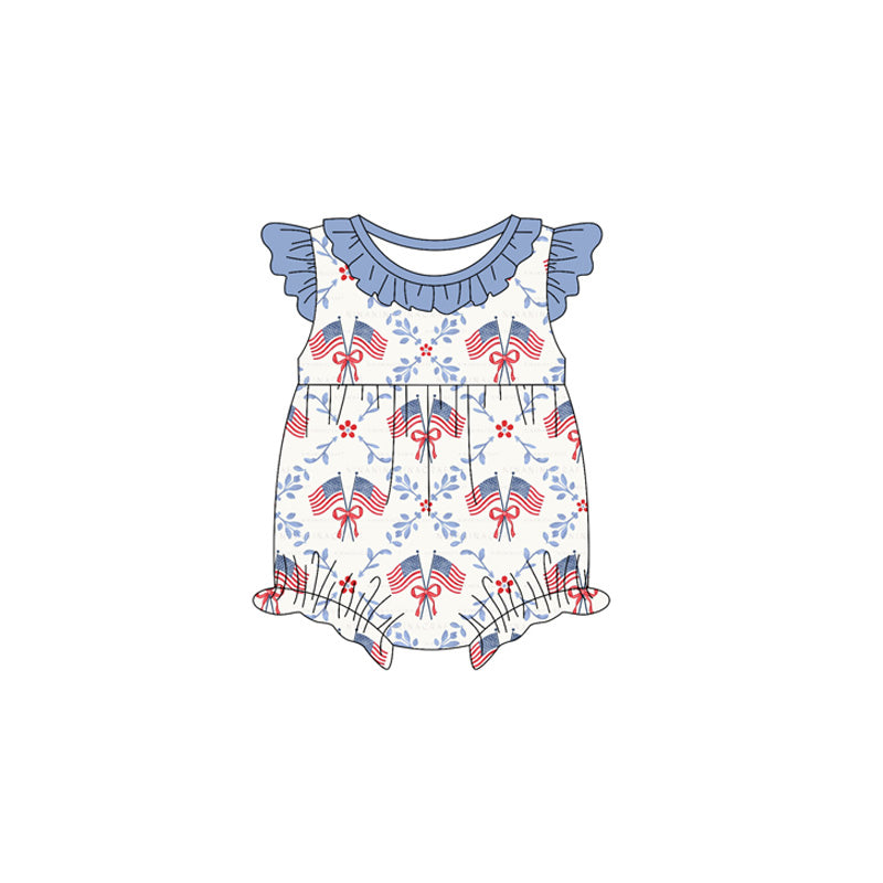 preorder SR3810 July4th Flag Bows Fluttter Sleeve Girls Romper